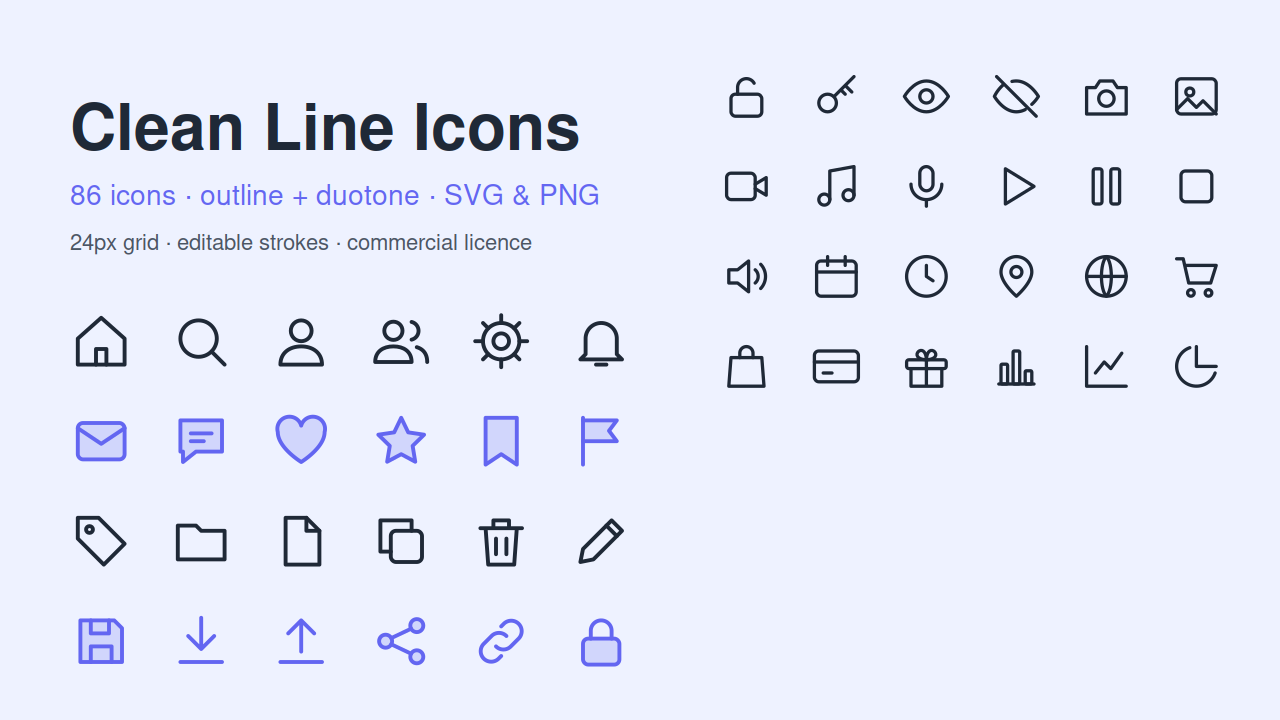 Clean Line Icons: 86 SVG + PNG Icons, Outline and Duotone (Commercial Use)